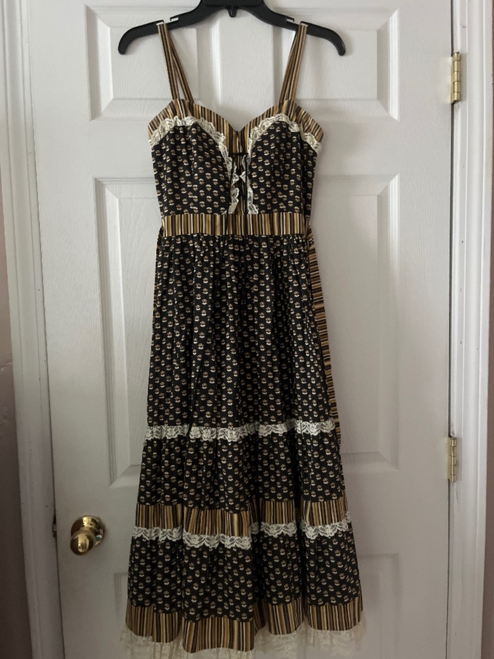 Vintage 1970’s GUNNE SAX Jessica black and tan striped sun dress - Picture 1 of 3